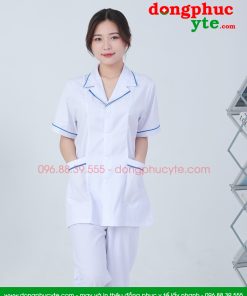 Quần áo vệ sinh trắng nữ cộc tay có viền xanh dương