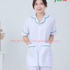 Quần áo vệ sinh nữ cộc tay – Áo nữ có viền xanh ngọc