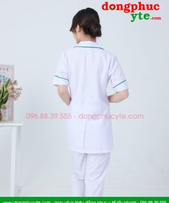 Quần áo vệ sinh nữ cộc tay – Áo nữ có viền xanh ngọc