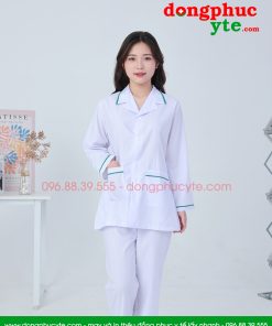 Quần áo vệ sinh trắng nữ dài tay - Áo nữ có viền xanh ngọc