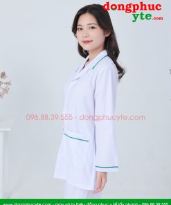Quần áo vệ sinh trắng nữ dài tay - Áo nữ có viền xanh ngọc