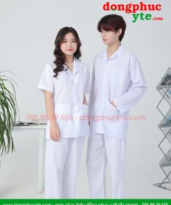 Quần áo vệ sinh trắng nam nữ cộc tay, dài tay dáng ngắn cho nhân viên vệ sinh