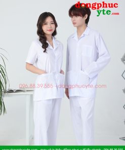 Quần áo vệ sinh trắng nam nữ cộc tay, dài tay dáng ngắn cho nhân viên vệ sinh