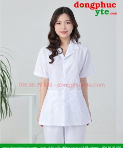 Quần áo vệ sinh trắng nam nữ cộc tay, dài tay dáng ngắn cho nhân viên vệ sinh