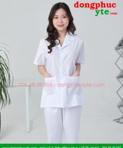 Quần áo vệ sinh trắng nam nữ cộc tay, dài tay dáng ngắn cho nhân viên vệ sinh