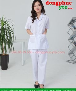 Quần áo vệ sinh trắng nam nữ cộc tay, dài tay dáng ngắn cho nhân viên vệ sinh
