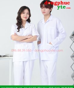 Quần áo vệ sinh trắng nam nữ cộc tay, dài tay dáng ngắn cho nhân viên vệ sinh
